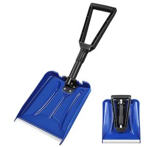 Folding Snow Shovel with Aluminum Edge, Portable Collapsible D-Grip Handle Shovel for Snow Removal, Lightweight Emergency Snow Shovel for Car, Truck, Recreational Vehicle, etc. (Blue)
