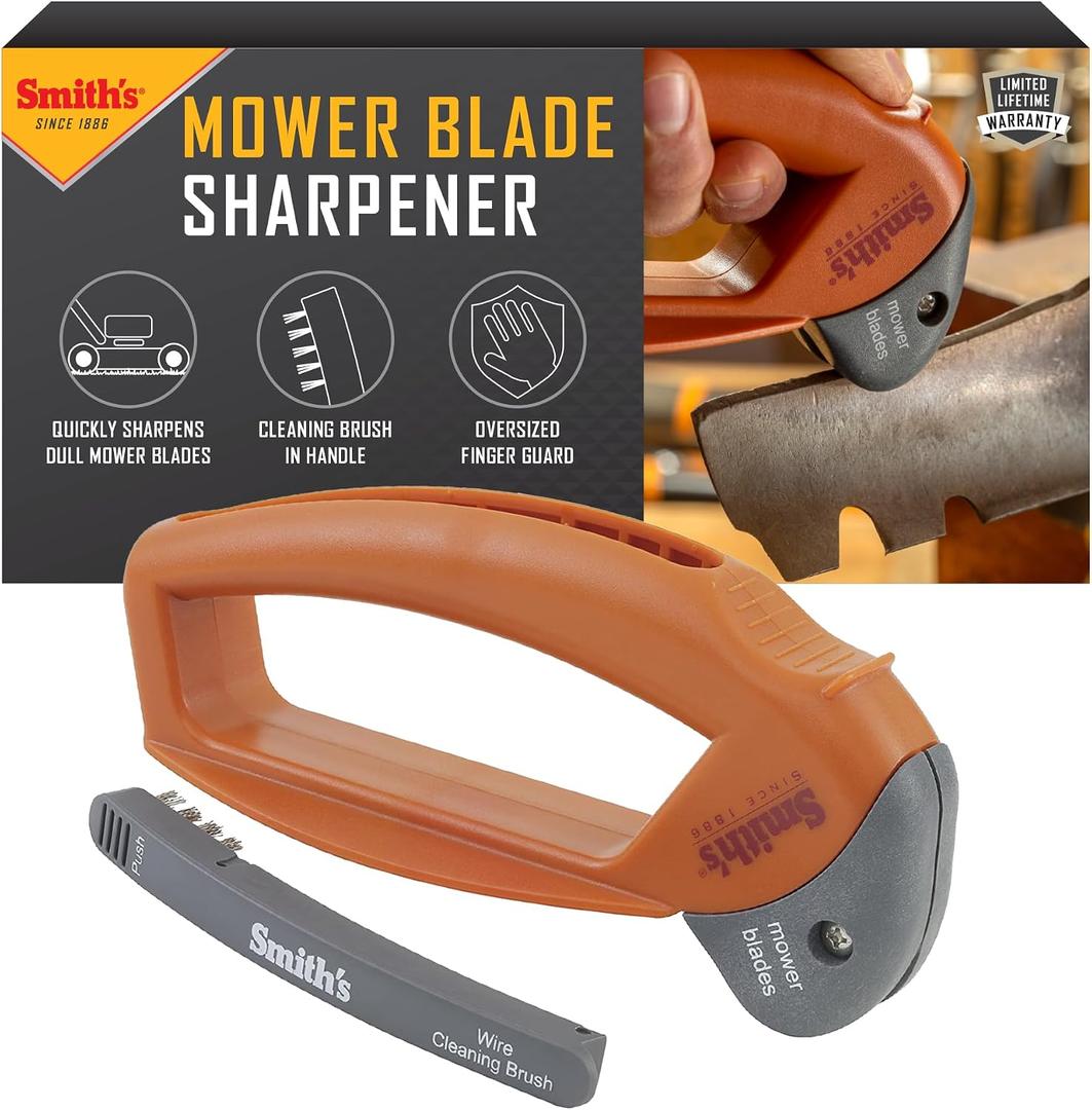 Smiths 50603 Handheld Lawn Mower Blade Sharpener - Oversized Handle & Large Safety Guard - Durable Plastic - Easy to Use - Wire Cleaning Brush - Preset Carbide Blade - Gardening Lawn Care Tools