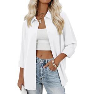 siliteelon Womens Button Down Shirts Solid Dress Shirts Long Sleeve Flowy Collared Work Office Business Blouses Chiffon Tops (White, S)