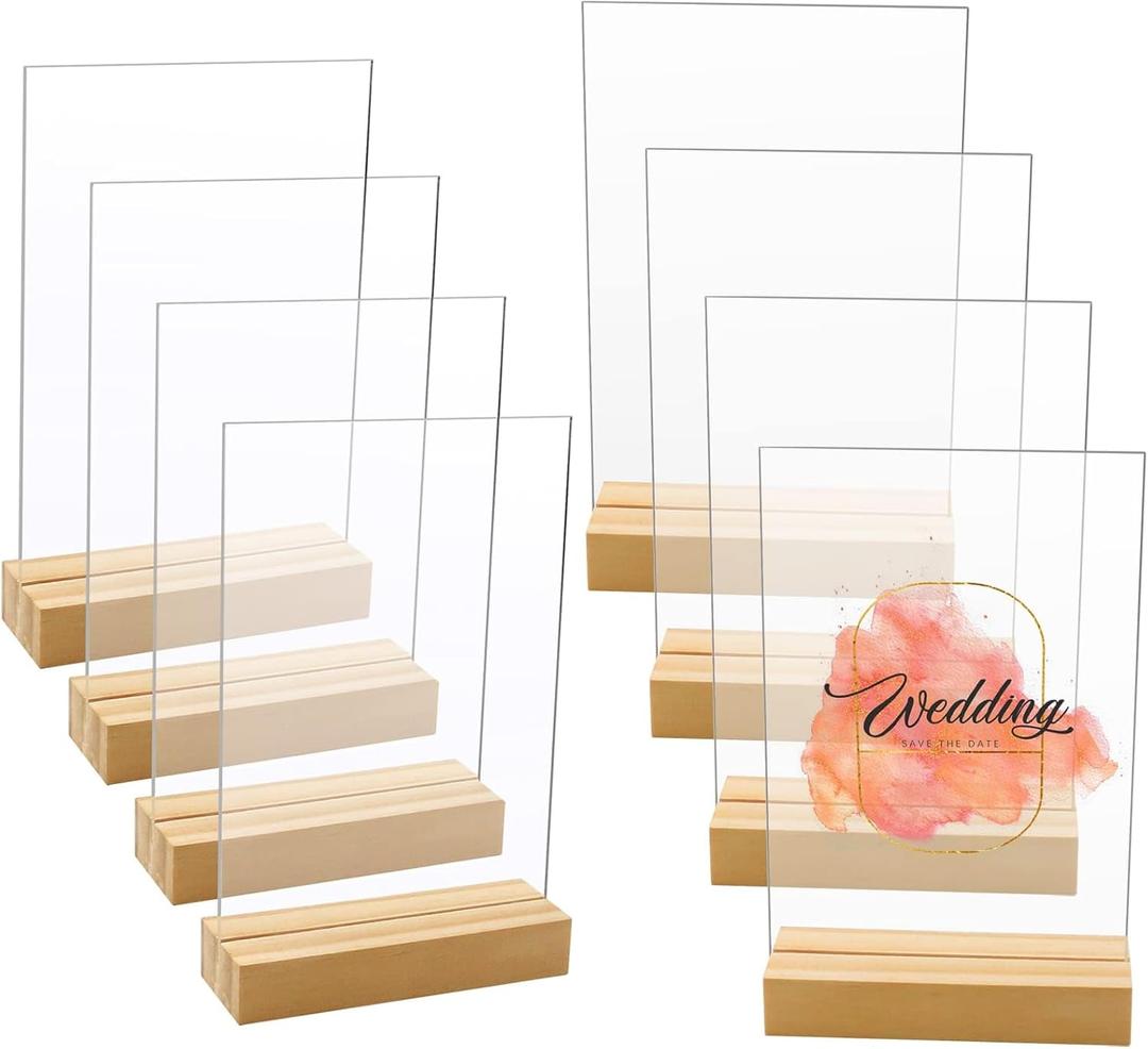 8 Pack Blank Clear Acrylic Table Sign with Wooden Stands, 4 x 6 Inch Top Menu Table Number Display Picture Stand Acrylic Sign Holder for DIY Name Card Gifts Event Party Decoration