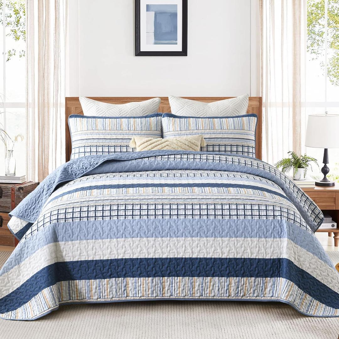 DJY Navy Blue Striped Quilt Queen Size, Boho Blue Tan Striped Bedspread Coverlet Set Soft Microfiber Bohemian Patchwork Quilt Bedding Set 3 Pieces for All Season