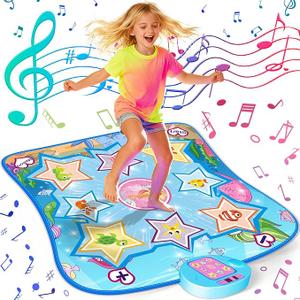 Dance Mat, Ocean-Themed Dance Game Toy Pad with LED Lights, Gift for Kids Girls 3-12, Adjustable Volume, Built-in Music, 5 Challenge Levels, Non-Slip & Foldable Rhythm Step Play Mat