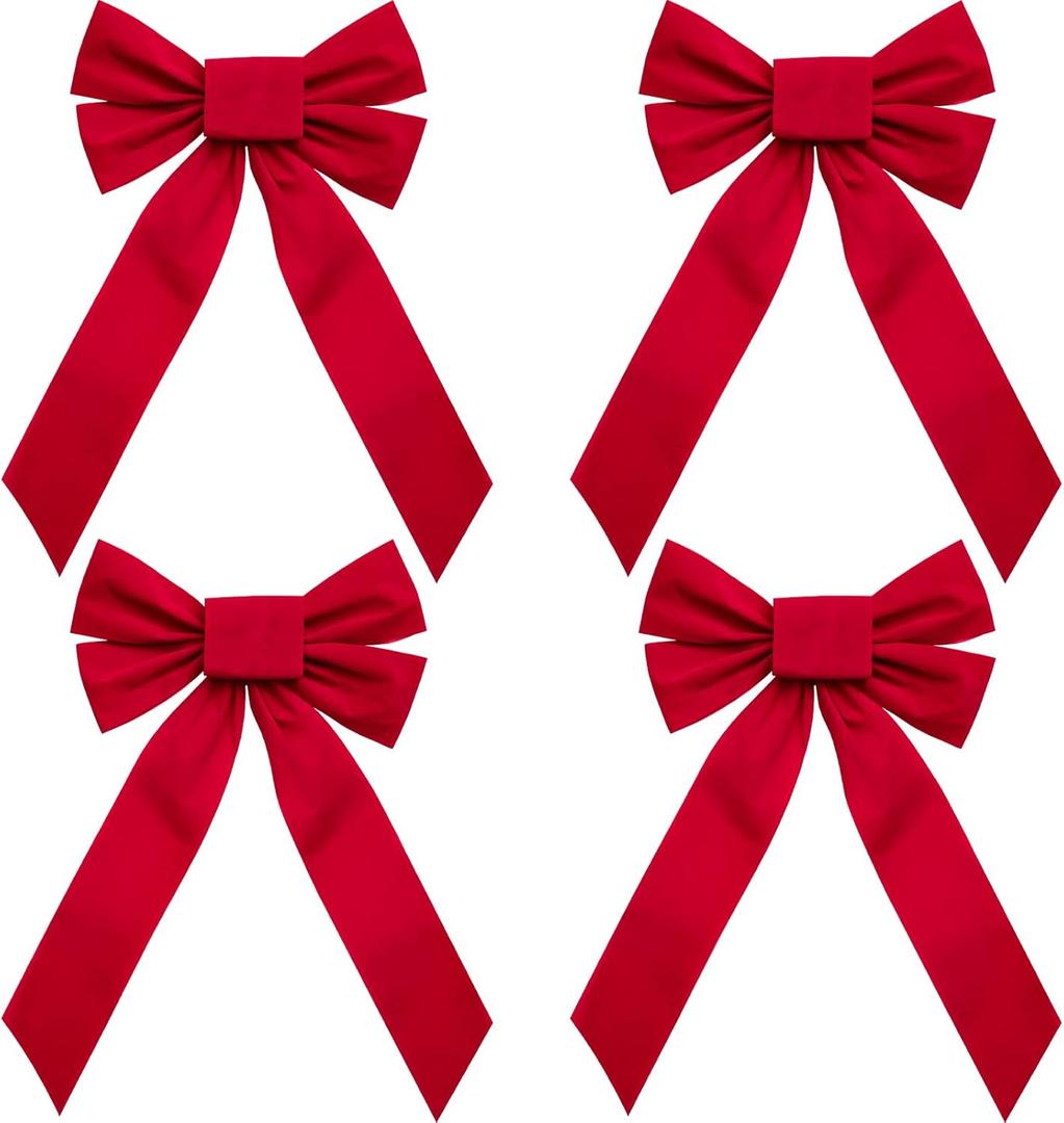 WRAPAHOLIC 4 Pcs Large Red Velvet Christmas Bows - Red Twist Tie Bows for Christmas Tree, Wreath, Gift Wrapping, Wedding, Crafts, Home Decor - 9 x 16 inch