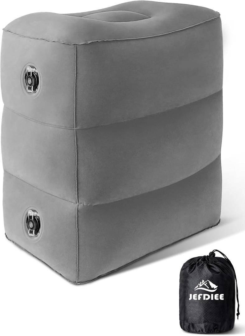 JefDiee Inflatable Foot Rest Pillow, Kids Airplane Bed, Adjustable 3 Layers Height Leg Rest Pillow, Airplane Travel Essentials Great for Office, Home, Trains, Cars (Grey)