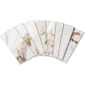 StyloVue 100 Pieces Peel and Stick Backsplash for Kitchen, 3" x 6" PVC Subway Tile, 2026 Upgraded Ivory Calacatta Marble Look with Gold Veining, Glossy Finish, Stick on Tile for Kitchen, Fireplace, RV, 6.0" x 3.0" x 0.12"