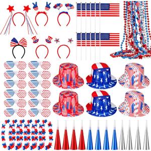 66 Pcs 4th of July Accessories Patriotic Party Favors USA Flags Top Hat Accesories Headbands Colorful Leis Necklace Glasses Flag Foil Horns for Independence Day Memorial Day Celebrations