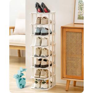Baffect 8 Tier Shoe Rack, Free Standing Shoe Storage Organizer for Closet, Plastic Stackable Shoe Storage Tower, Vertical Shoe Holder for Entryway Space Saving Narrow Shoe Cabinet (White)