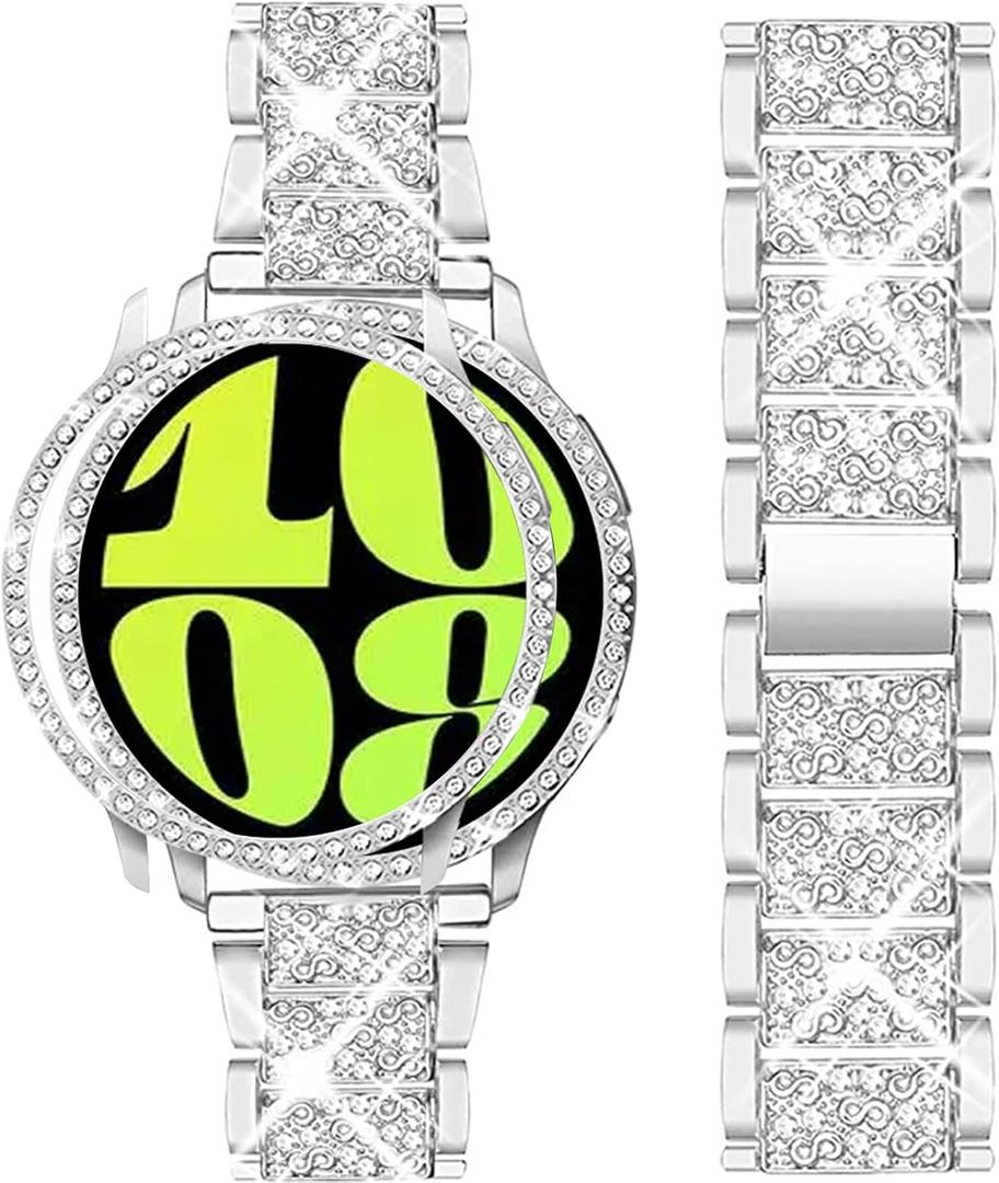 Mosonio Compatible with Samsung Galaxy Watch 7/6 Bands 40mm/44mm, 20mm Bling Metal Bands with Bling Protective Cover Case for Women, Shiny Watch Replacement Strap for Daily Wear (Silver)