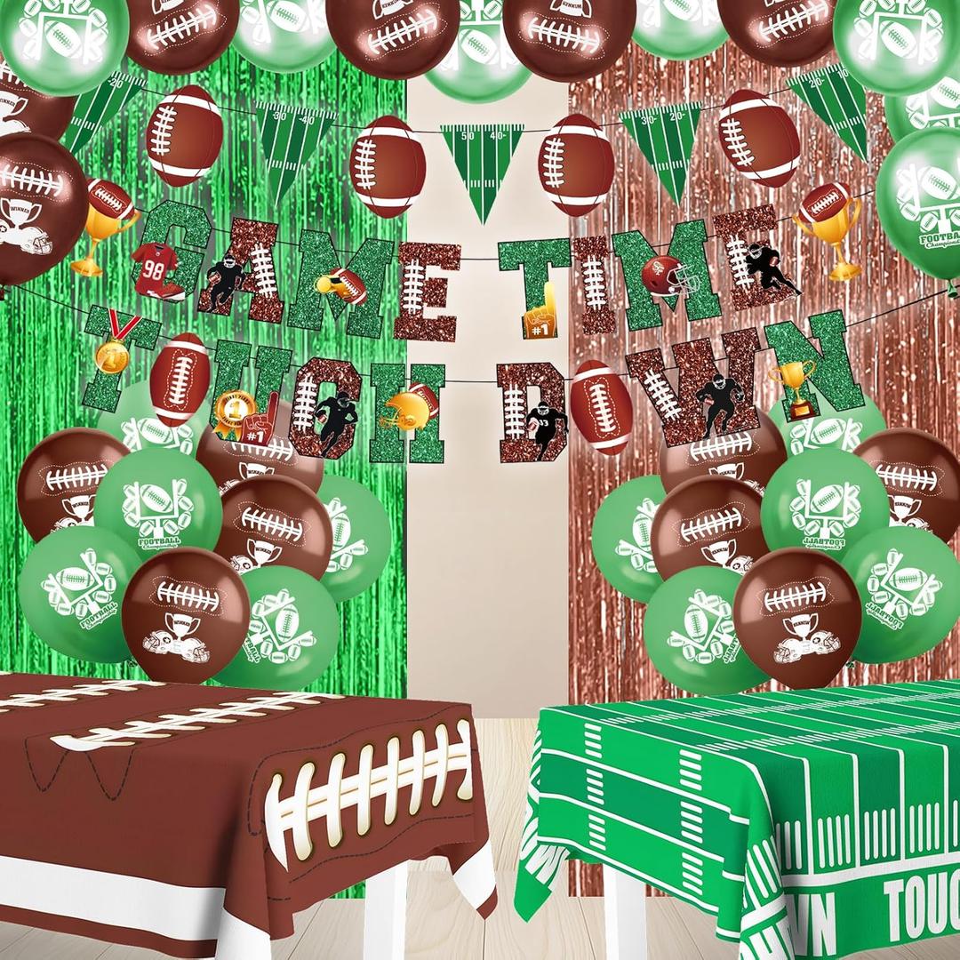 Super Football Party Decorations 2025 Football Theme Party Supplies Includes Game Time Touch Down Banner Balloons Disposable Tablecloth Foil Fringe Curtain for Football Game Day Tailgates Party Decor