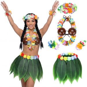 Shihanee Hawaiian Hula Grass Skirt Set Coconut Bra Tropical Leaf Hula Skirt with Artificial Hibiscus Flowers Leis for Women