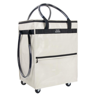 Reusable Grocery Bag on Wheels, (Medium, Beige) Rolling Shopping Bags with Wheels and Handle, Folding Rolling Tote Trolley, 3 Pockets and Zipper Cover, Carries Up to 46 LBS