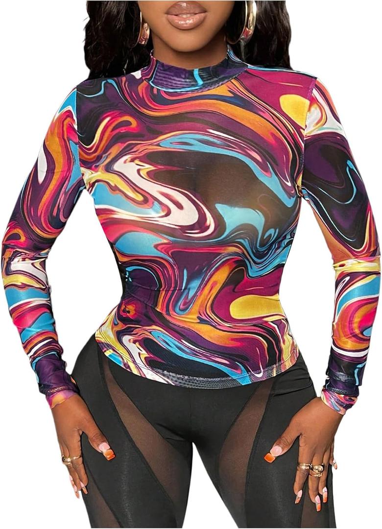 Women's Marble Print Long Sleeve Tee Shirt Mock Neck Slim Fitted Party Club Mesh Tops (M)