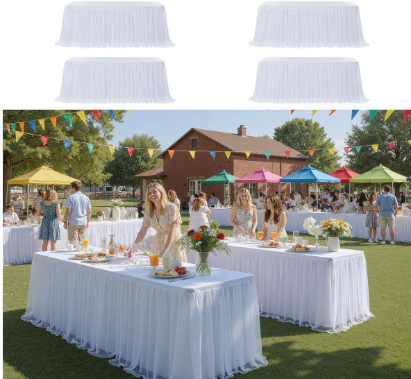CO-AVE 4pack White Tulle Tablecloth for 6ft Rectangular Tables, 2-in-1 Elastic Stretch Spandex Cover with Tutu Ruffle Skirt, Wrinkle Free for Wedding, Birthday, Banquet, Buffet, Bridal Shower