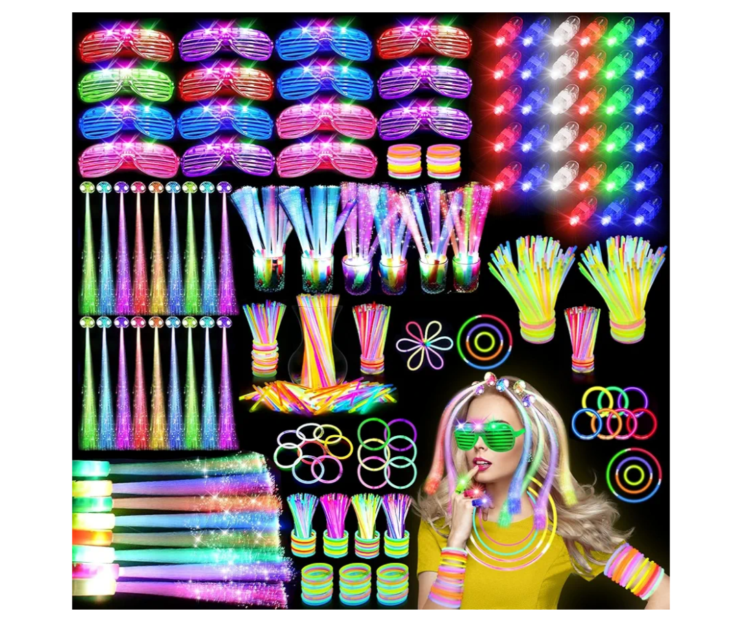 290 PCS Glow in the Dark Party Supplies, 200 Glow Sticks, 24 Fiber Optic Wands, 15 LED Glasses, 33 Finger Lights and 18 LED Hair Clips for Wedding, Birthday, Concert, Raves, New Year