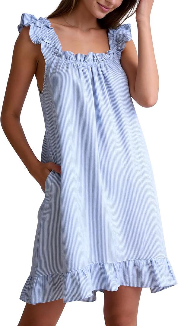 Kissonic Cotton Nightgowns for Women Soft Sleeveless Striped Ruffle House Dress Summer Casual Night Gowns with Pockets, Blue, Large