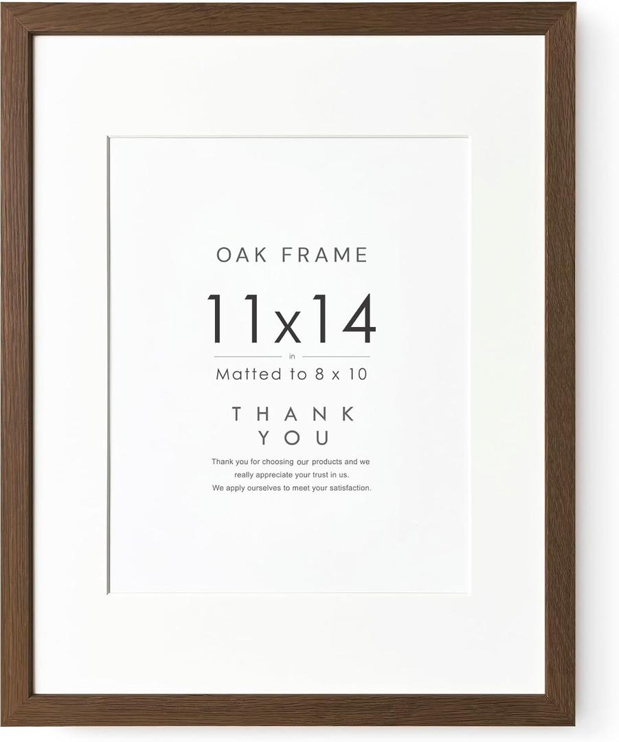 11x14 Picture Frame, Solid Oak 11x14 Photo Frame with Mat to 8x10 (Openning Size is 7.6x9.6), 14x11 Wooden Frames for Wall, (Walnut Set of 1)