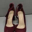 Women's Closed Toe Pumps 3-Inch Chunky Heels Pumps Ankle Strap Dress Wedding Shoes (8, Burgundy Su)