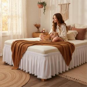 Biscaynebay Wrap Around Bed Skirts with Pompom for King Beds 15" Drop, White Adjustable Elastic Dust Ruffles Easy Fit Wrinkle & Fade Resistant Silky Luxurious Fabric Machine Washable