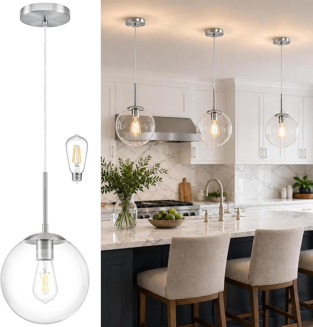 KoKo&Yukina 10" Modern Globe Pendant Light Mid-Century Nickel Pendant Lights Kitchen Island Height Adjustable Clear Glass Pendant Light Fixture for Dining Room Bedroom Hallway Entryway Sink Bulb Incl.