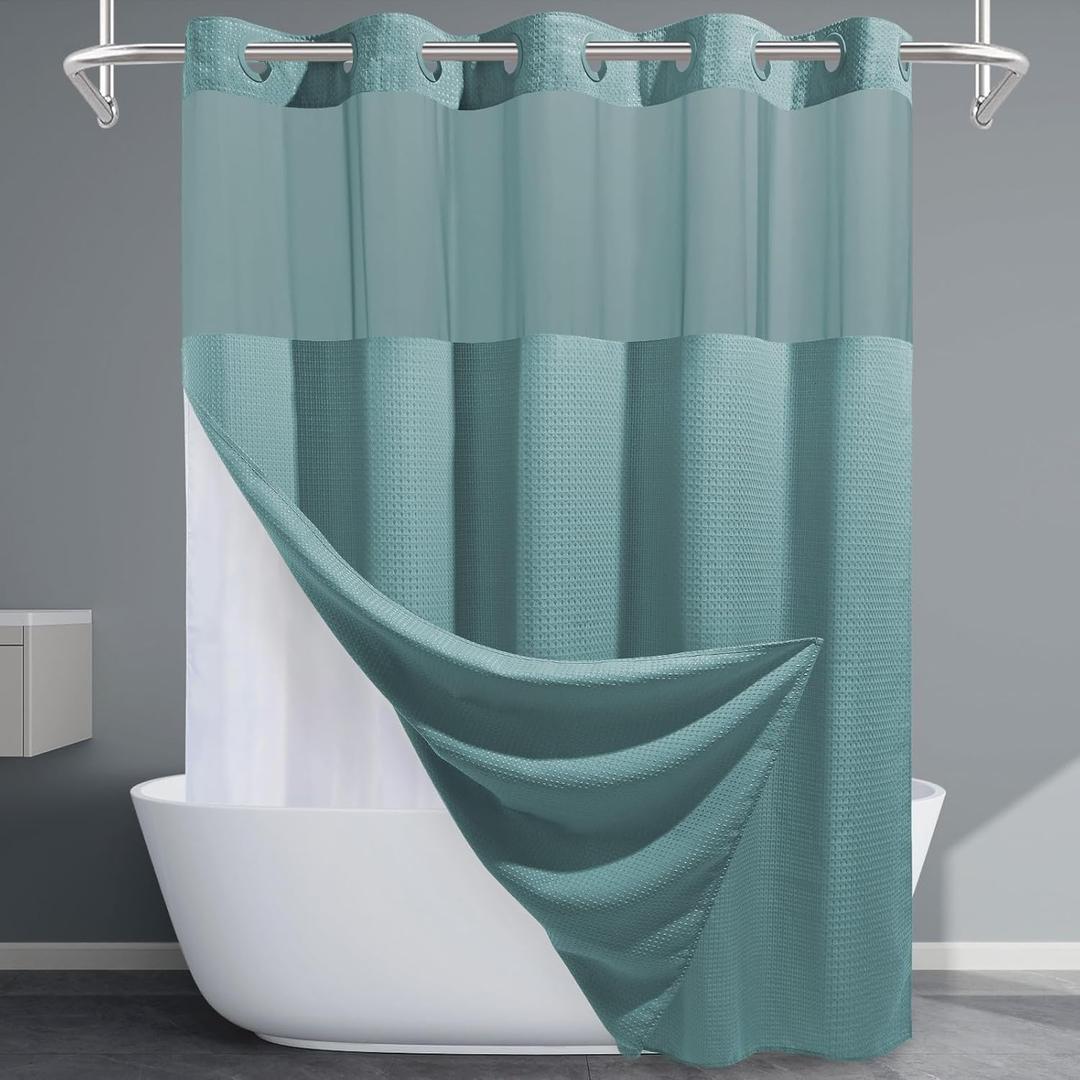 Teal Long No Hook Shower Curtain with Snap in Liner, 230GSM Waffle Weave Shower Curtains for Bathroom, 71W x 86H