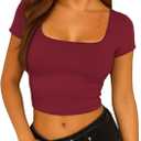 ForeFair Womens Square Neck Going Out Crop Tops Double Lined Tshirts Summer Short Sleeve Tight Tees (XS)
