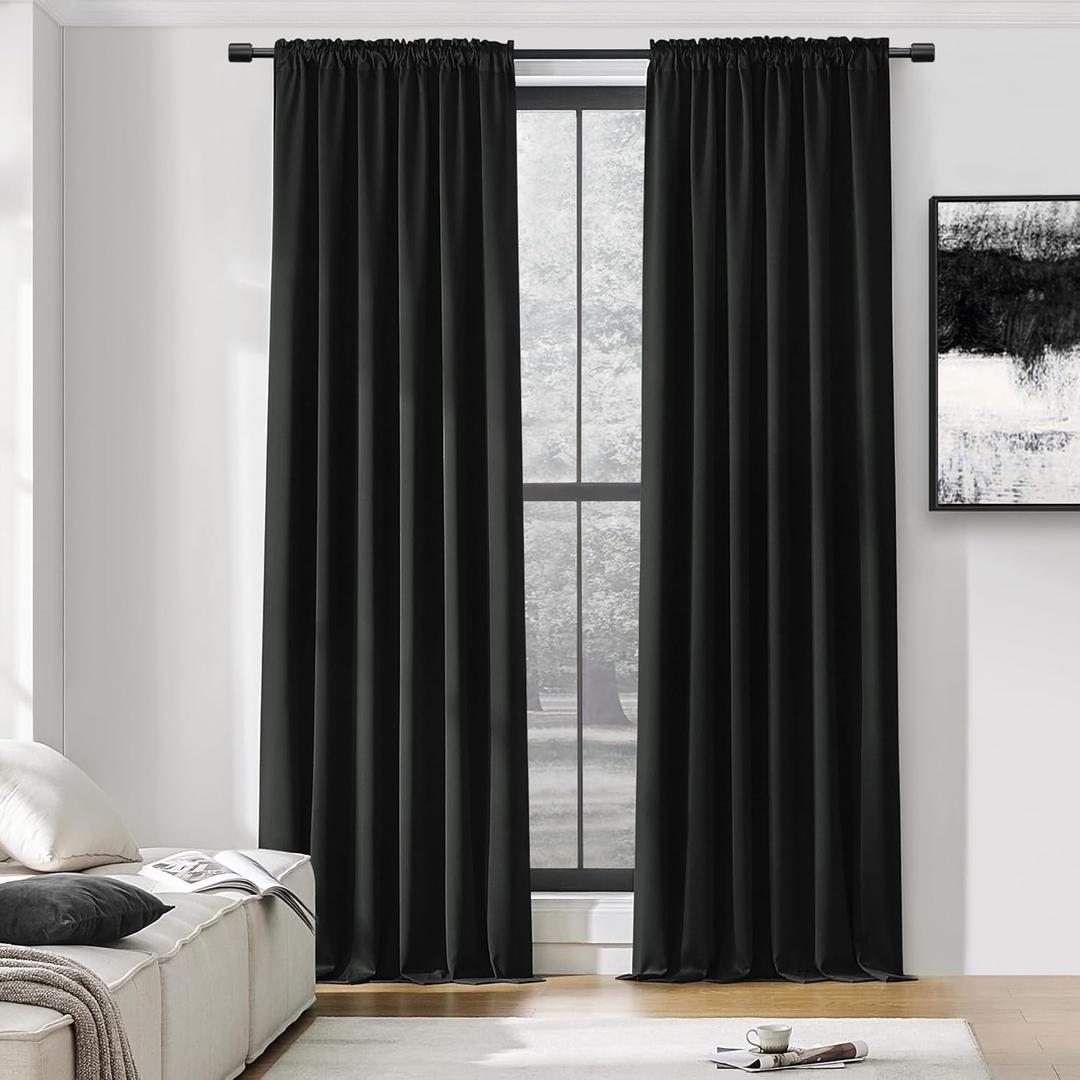 DONREN 99 Percent Blackout Curtains Draperies - Light UV Block Insulated Rod Pocket Window Curtain Panels for Kids Nursery(52 x 96 Inches,Set of 2 Panels,Black)
