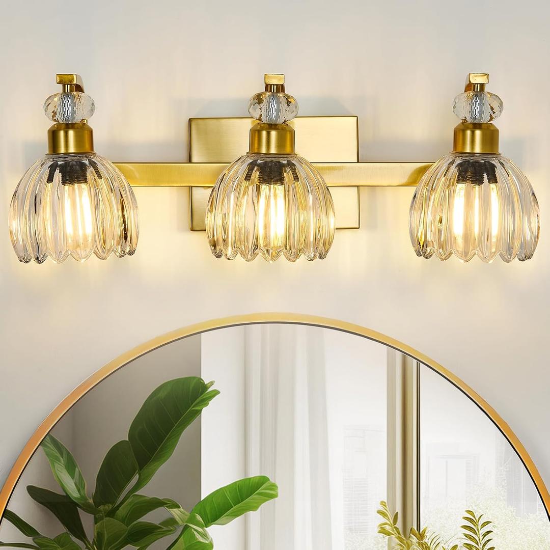 Vintage Bathroom Vanity Light Fixture 3 Lights Gold Bathroom Lighting with Clear Glass Shade Farmhouse Vanity Light Over Mirror for Dining Room Entryway Hallway