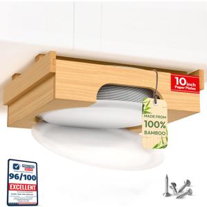 10 inch Paper Plate Dispenser Holder Bamboo Under Cabinet Vertical Rack for Kitchen Countertop Organizer Space Saver Shelf Lid Holder Counter Storage Can Dispenser Pantry Aid Caddy Estante