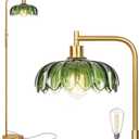 Glass Floor Lamp for Living Room, Dimmer Standing Lamp with Green Lampshade,66 Tall Lamp & Gold Floor Lamp for Bedroom Study Room,Brushed Gold LED Bulb Included (Flower Green Glass Shade)