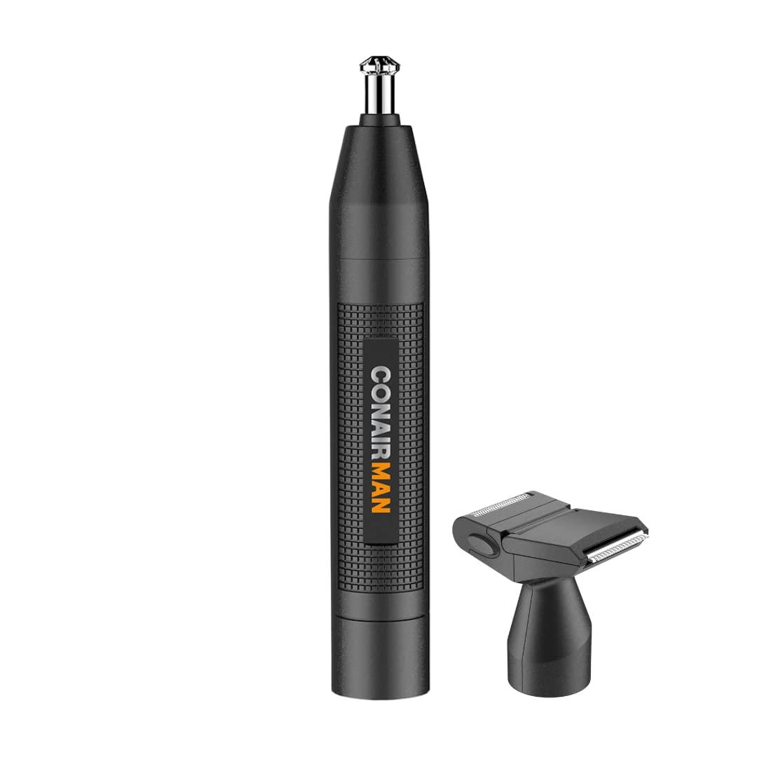ConairMan Nose Hair Trimmer for Men, For Nose, Ear, and Eyebrows, Patent 360 Bevel Blade for No Pull, No Snag Trimming Experience, Cordless Trimmer 2 piece Set with Detail and Shaver Attachments (1 Count (Pack of 1))