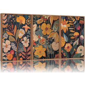 SIGNINART Orange Floral Framed Canvas Wall Art Set of 3, Mid Century Modern Flower Wall Decor, Neutral Plant Artwork, Boho Botanical Art Prints for Bedroom Living Room Office 24"x36"x3
