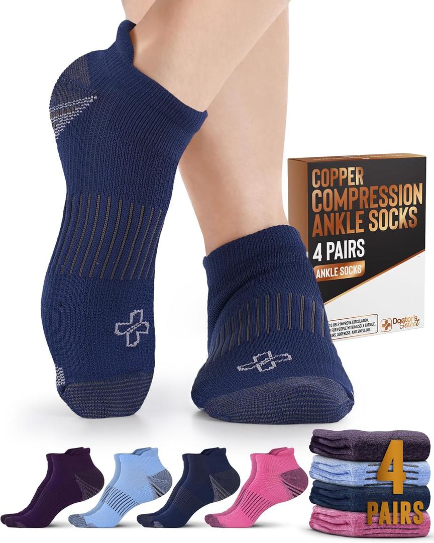Doctor's Select Copper Ankle Compression Socks for Women and Men - 4 Pairs | Athletic Running Plantar Fasciitis Socks (Medium, Navy/Light Blue/Purple/Pink - 4 Pairs)