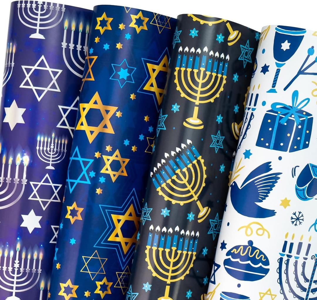 WRAPAHOLIC Hanukkah Wrapping Paper Sheet - 12 Sheets the Star of David and Candles Design Folded Flat with 12 Gift Tags for Holiday, Party Celebration - 19.7 Inch X 27.5 Inch Per Sheet