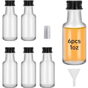 6Pcs 1oz Mini Glass Liquor Bottles with Lids Small Glass Wine Bottles Reusable Empty Alcohol Bottle with Aluminum Black Screw Cap for Christmas Birthday Weddings Party Favors 30 ml (6)