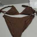 ZAFUL Women's Textured Bikini Swimsuit Two Piece Bikini Set Cheeky Thong Bathing Suit with Bottoms Deep Coffee X-Large