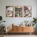 Modern French Flower Street Framed Canvas Wall Art Set, Romantic Green Landscape Wall Decor, Vintage Mediterranean Bookstore Neutral Coast Cityscape Artwork for Living Room, Bedroom-24 x36 x3