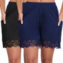 Under Dress Shorts Anti Chafing Boyshorts Women Satin Pettipants Lace Slip with Pockets 2 Packs (Small, Black+navy Blue)
