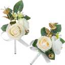 Set of 2 Ivory Rose Boutonniere for MenWedding, Groom Groomsman Artificial Flowers for Wedding Anniversary Celebration,Prom,Party,Home Decoratio (Ivory)