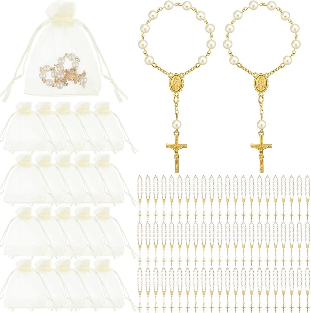 Fumete 60 Pieces Mini Rosary Favors Baptism Favors Acrylic Rosary Beads Finger Baptism Rosaries with Organza Bags for Christening Weddings Party