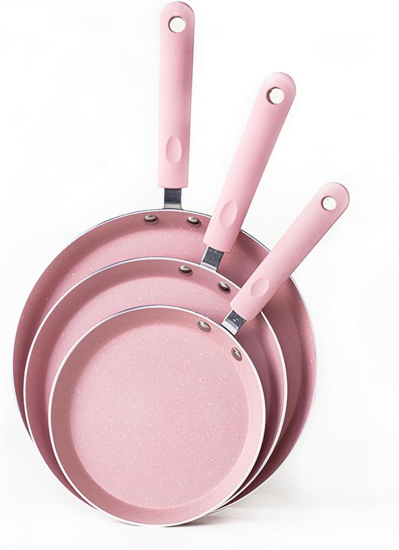 JUSTUP Nonstick Frying Pan Set3 Piece Pots and Pans Set NonstickPink Kitchen Cookware Sets with Non Stick Pan Coating,10 Inch,8 Inch and 6 Inch Non Stick Cooking Set Suitable for All Stoves (Pink)