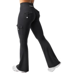 YEOREO CoreFlex Women Workout Flare Leggings with Pockets Hidden Scrunch High Waisted Cargo Gym Yoga No Front Seam Leggings (Black, XXL)
