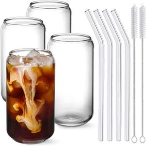 NETANY Drinking Glasses with Glass Straw 4pcs Set - 16oz Highball Glass Cups, Beer Glasses, Iced Coffee Glasses, Cute Tumbler Cup, Ideal for Whiskey, Soda, Tea, Water, Gift, 2 Brushes (10 Piece Set)