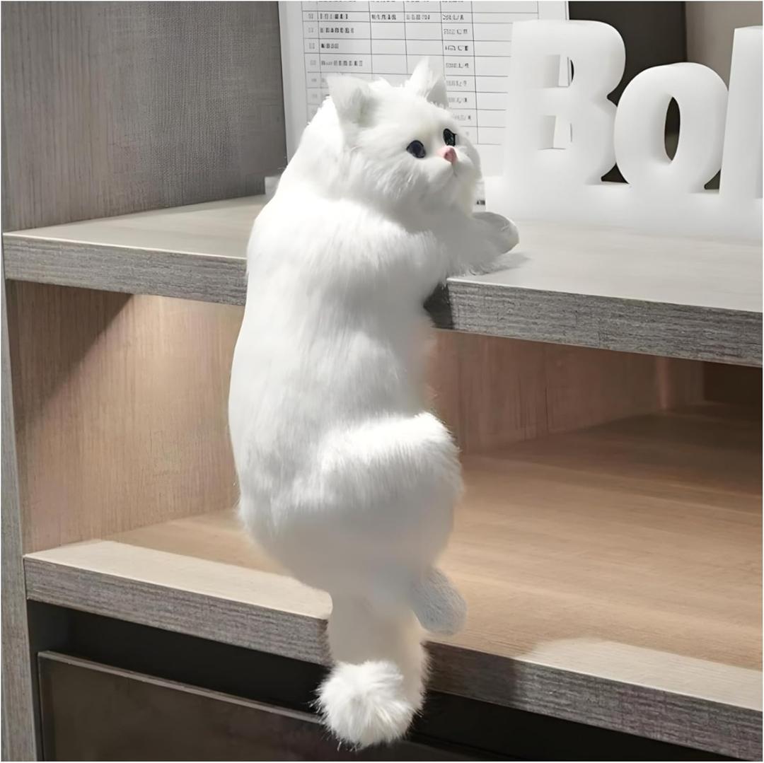 Realistic Furry Kitty,Nightstand Decor,Simulation Hanging Cat,Cat Figurines,Cat Gifts for Women,Home Office Car Decoration,Realistic Plush Kitty,Synthetic Fur,Handmade Lifelike Cat Statue (White)