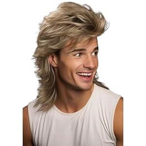 Deifor Mullet Wigs Sets with Wolf Tooth Necklace and 6pcs Metal Punk Rocker Rings and Sunglasse for Men 80s Costumes Fancy Party Funny Heavy Metal Punk Rocker Disco Cosplay (Dark browm)