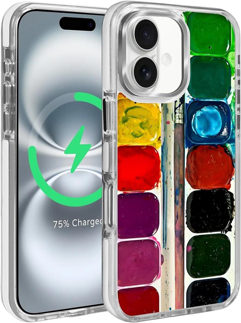 Magnetic for iPhone 16 Case, Compatible with MagSafe, Wireless Slim Clear Shockproof Protective Cover for Women Girl - Watercolor Paint Palette