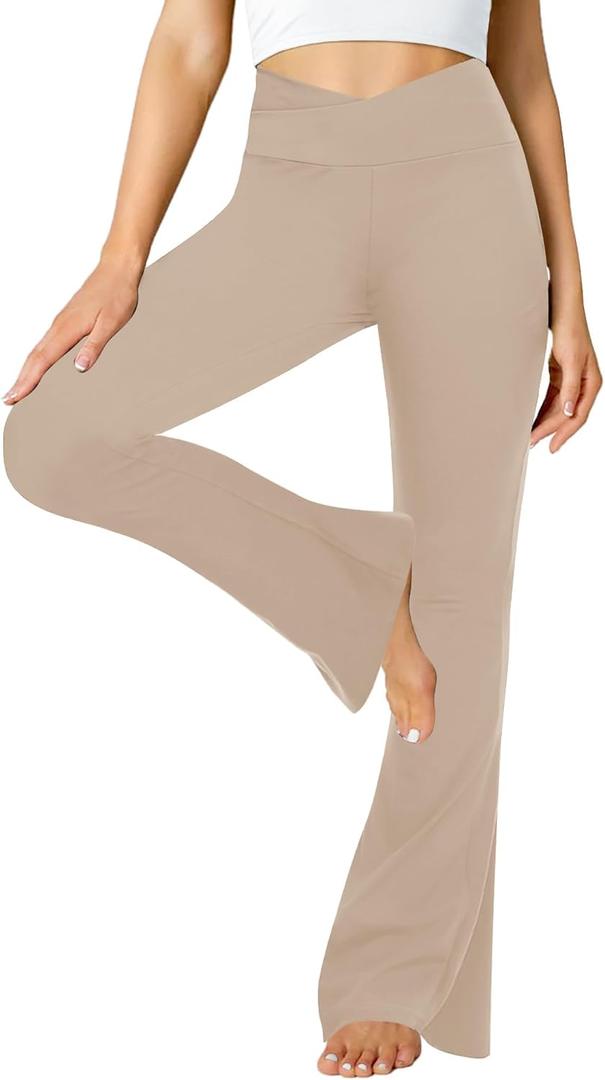 ZOOSIXX Flare Leggings for Women - Yoga Pants Women Wide Leg Flared Bell Bottom Bootcut Leggings Beige Small