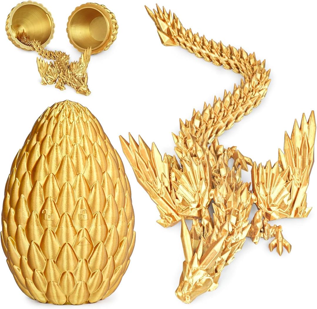 3D Printed Dragon Eggs with Articulated Fly Dragon Inside, Collectible Figurines Fidget Toy for Adults Kids Birthday Easter Christmas White Elephant Gifts for Friends Colleagues (Gold, M size) (M(H:5.8 inches))