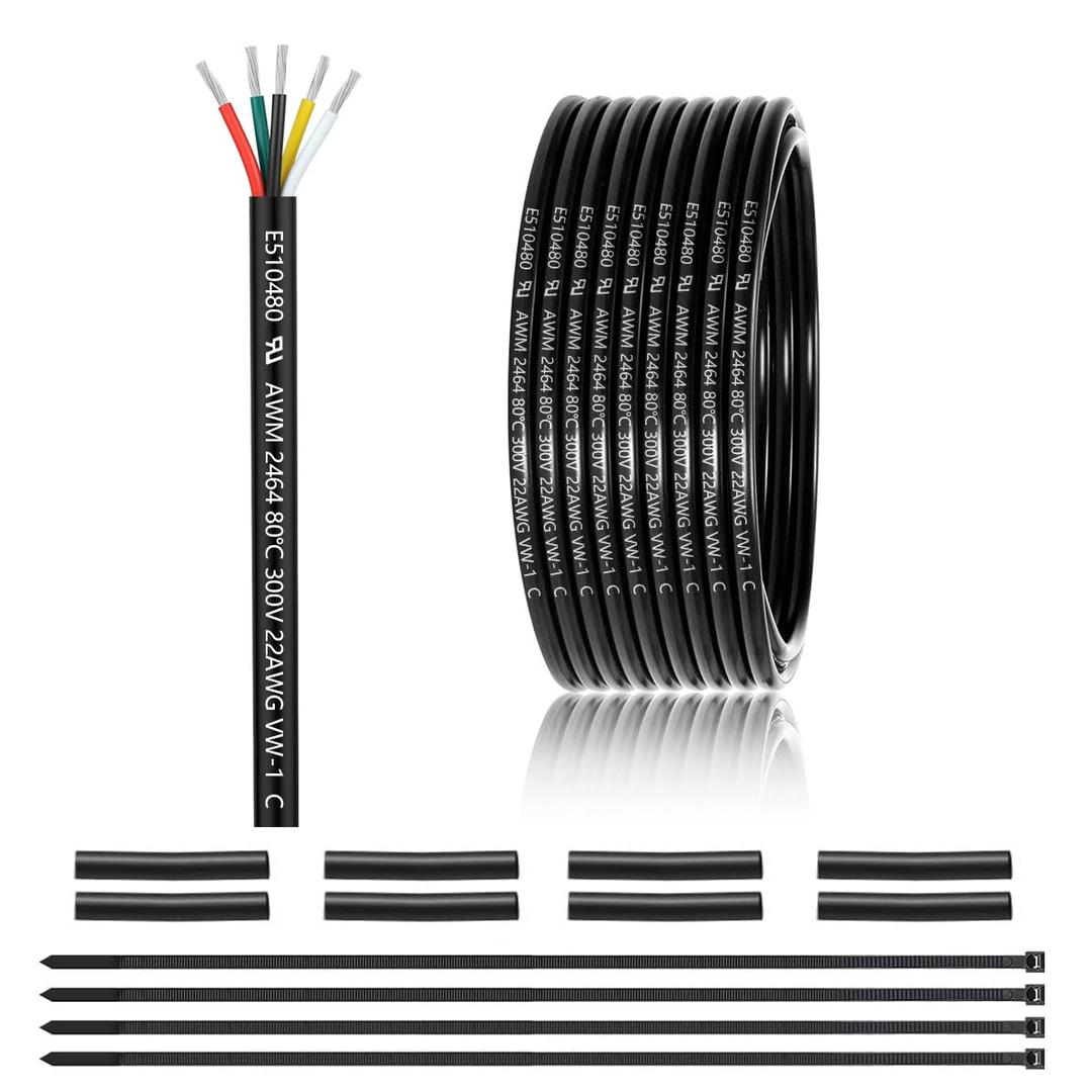 22 Gauge 5 Conductor Electrical Wire 25FT, UL 2464 22 AWG 5 Wire Cable Tinned Copper PVC Stranded 22/5 Core Wire for LED Lighting, Outdoor Low Voltage Extension Cable, Automotive etc.