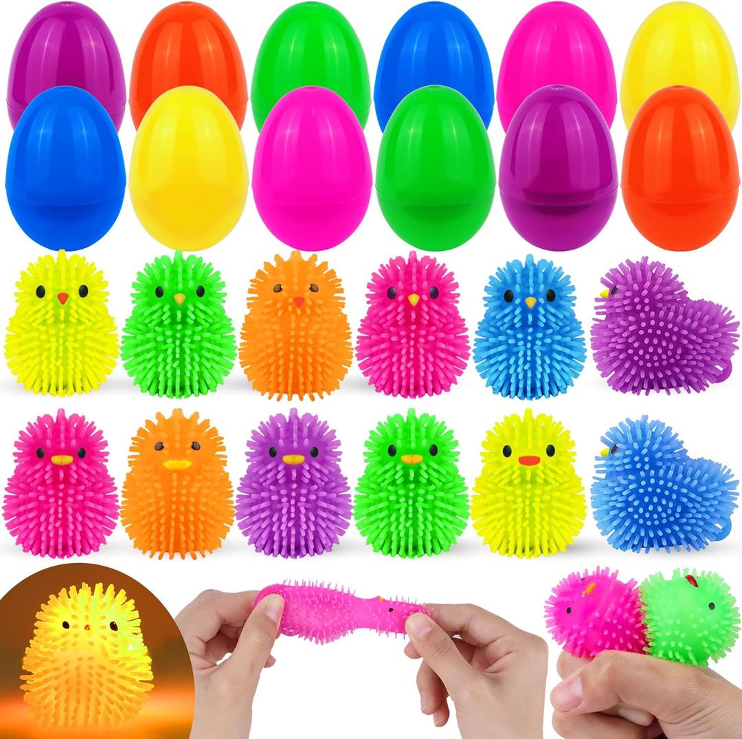 12 Pack Easter Eggs Filled LED Chick Duck Puffer Balls Easter Egg Fillers Toys, Light Up Stress Relief Fidget Toys Squeeze Ball Easter Basket Stuffers for Kids Boys Girls Easter Eggs Hunt Party Favors