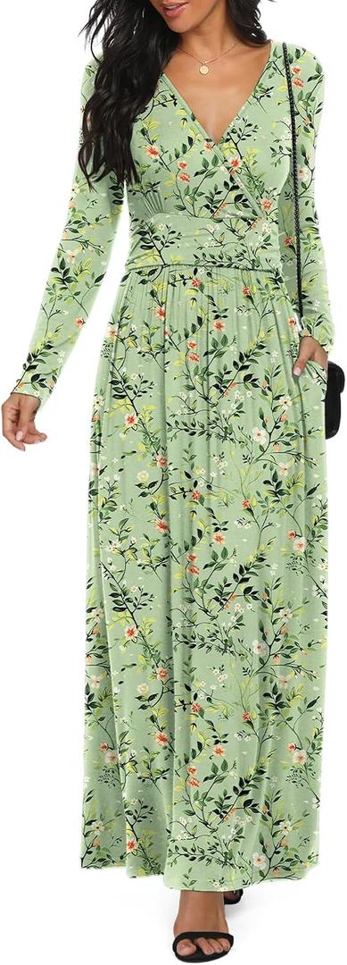LILBETTER Women Long Sleeve Deep V Neck Loose Plain Long Maxi Casual Dress (XXL)